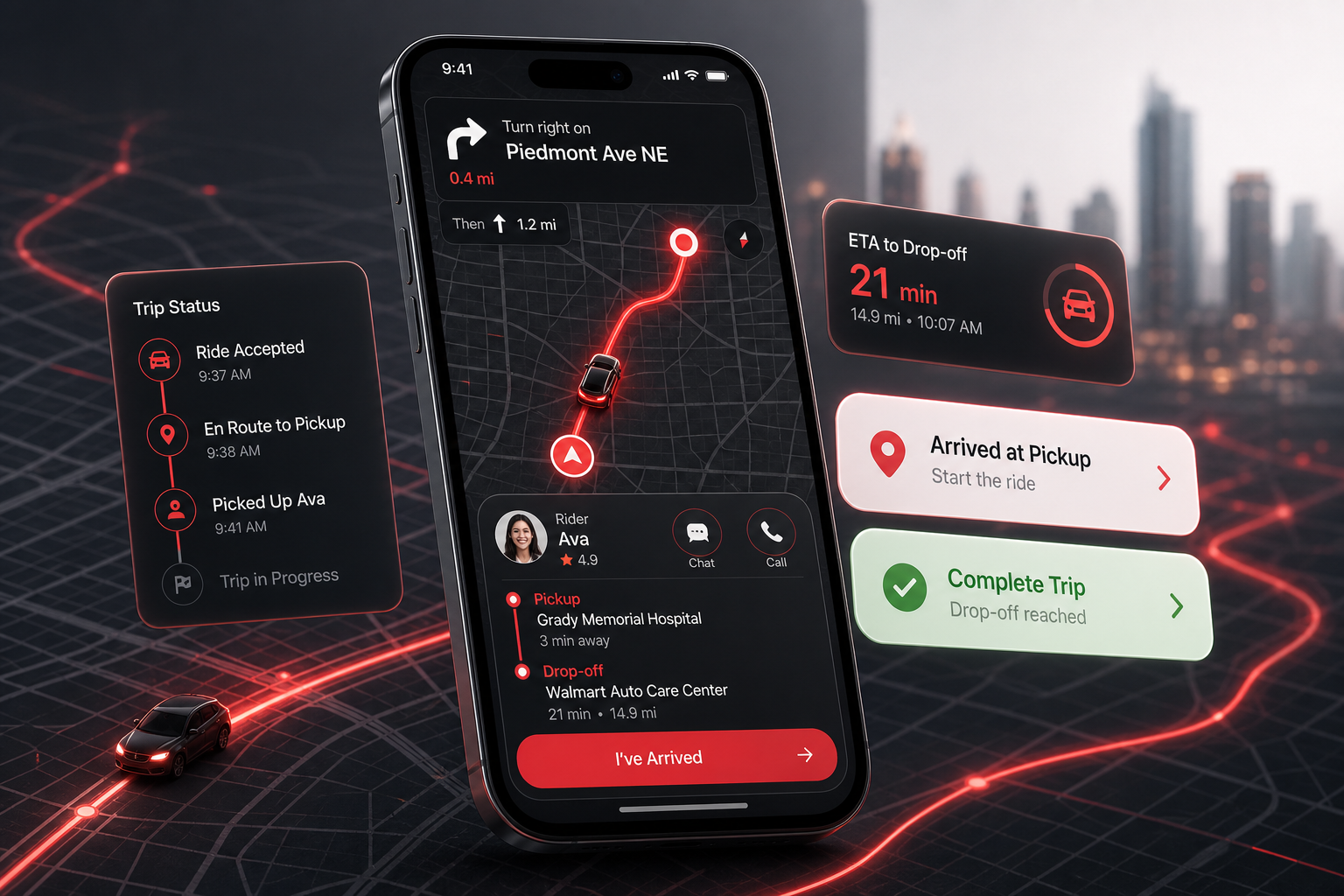Generated CashRydr Hub trip navigation product render