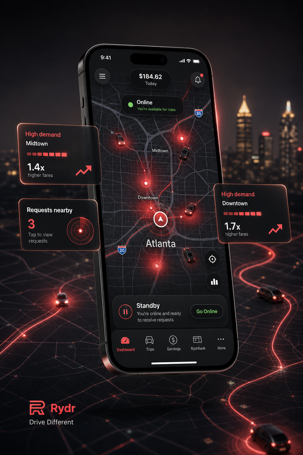 Generated Rydr Driver live demand dashboard render