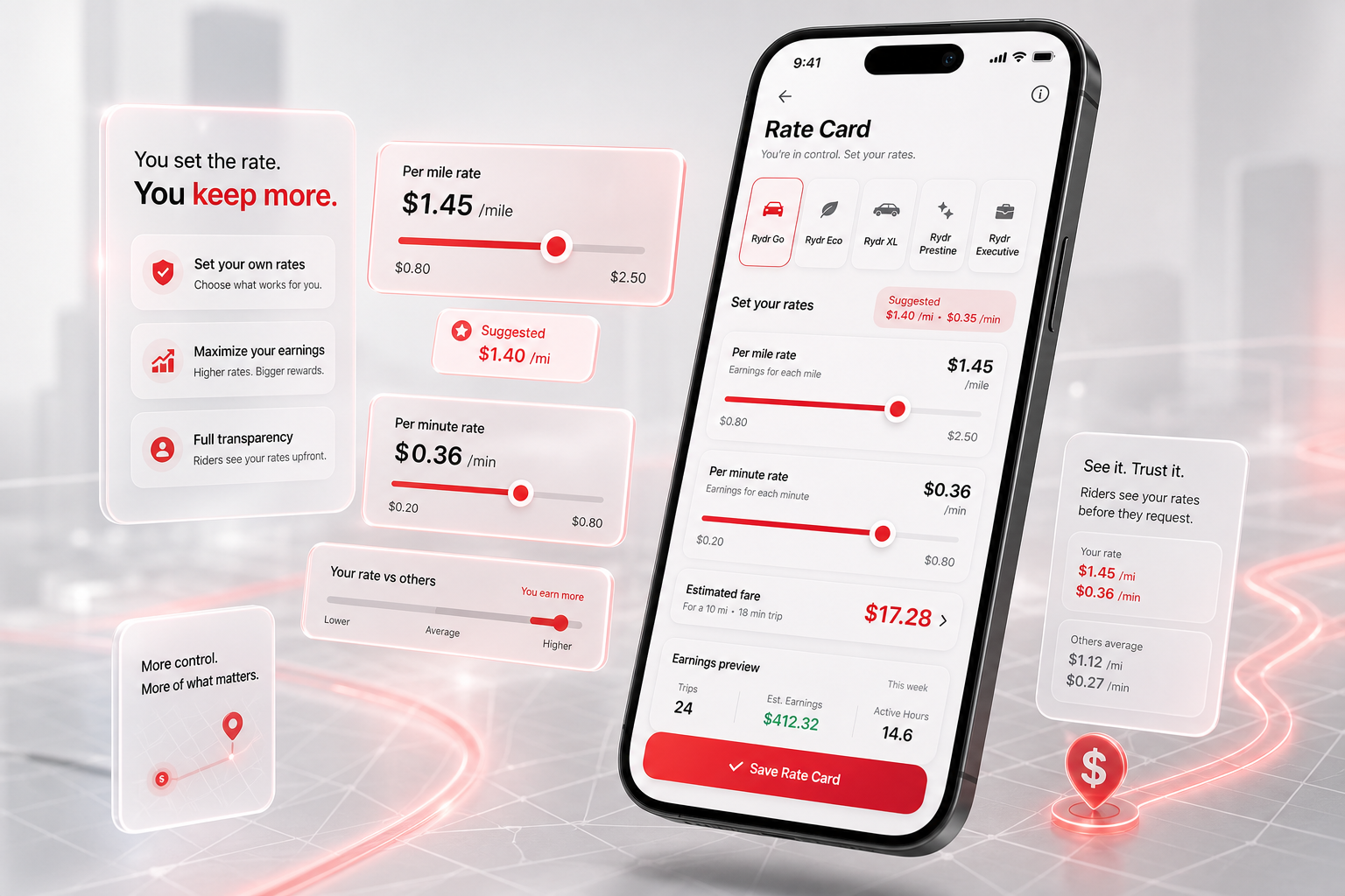 Polished Driver App marketing render showing rate card and earnings control
