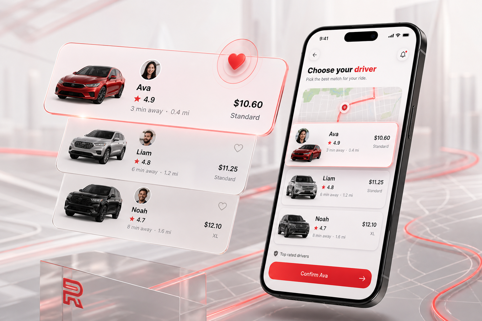 Polished Rider App marketing render showing driver choice and transparent pricing
