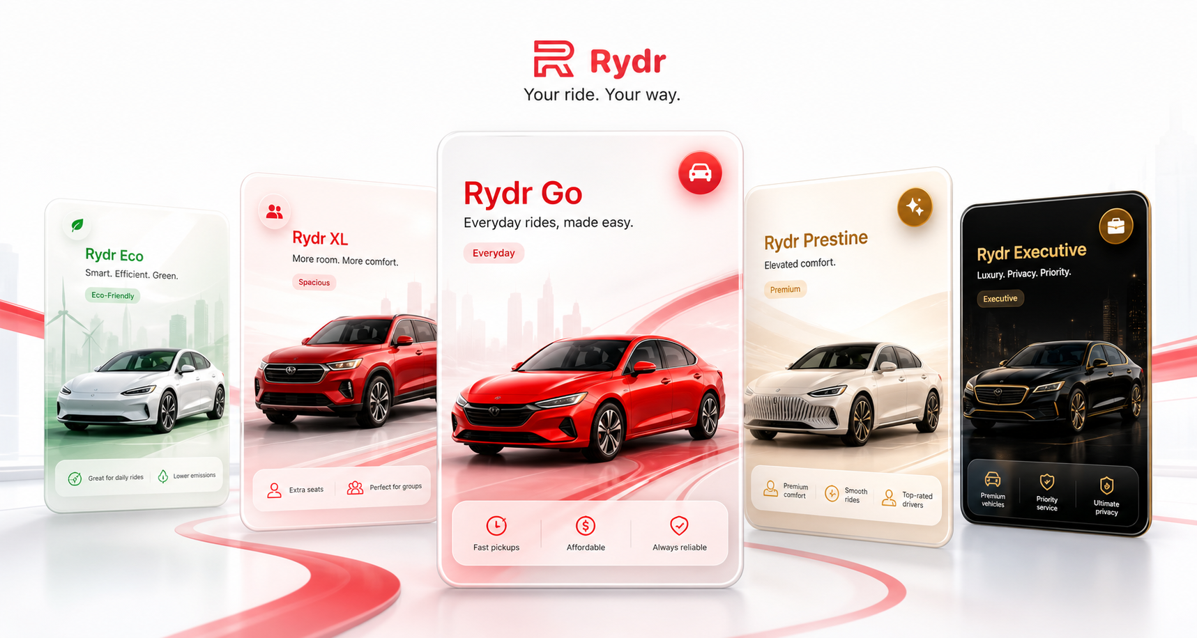 Generated Rydr ride types product selector render
